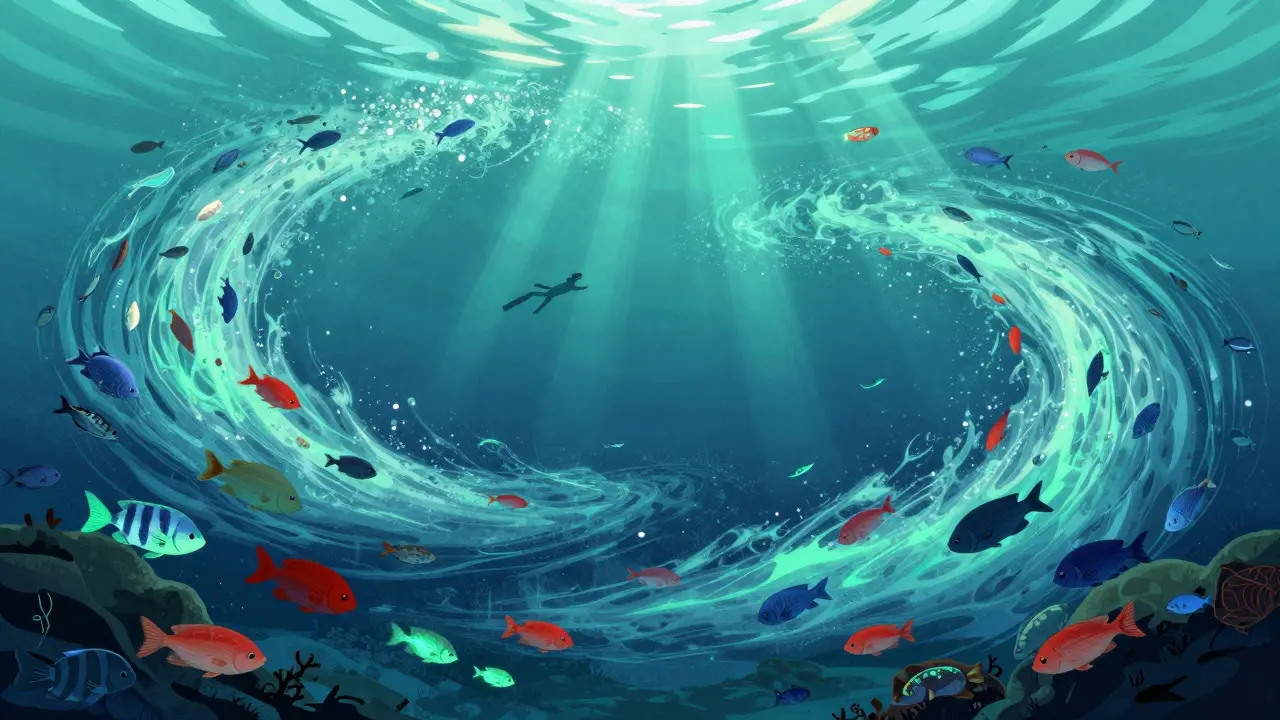 Podvodní svět na Isola delle Correnti s desítkami druhů ryb a krevet v dynamických proudech.