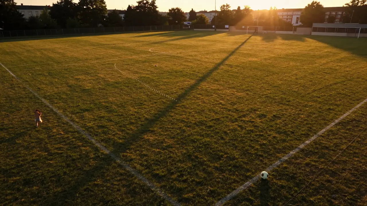 Pohled shora na fotbalové hřiště v záři západu s stopami míče a siluetami města na pozadí.