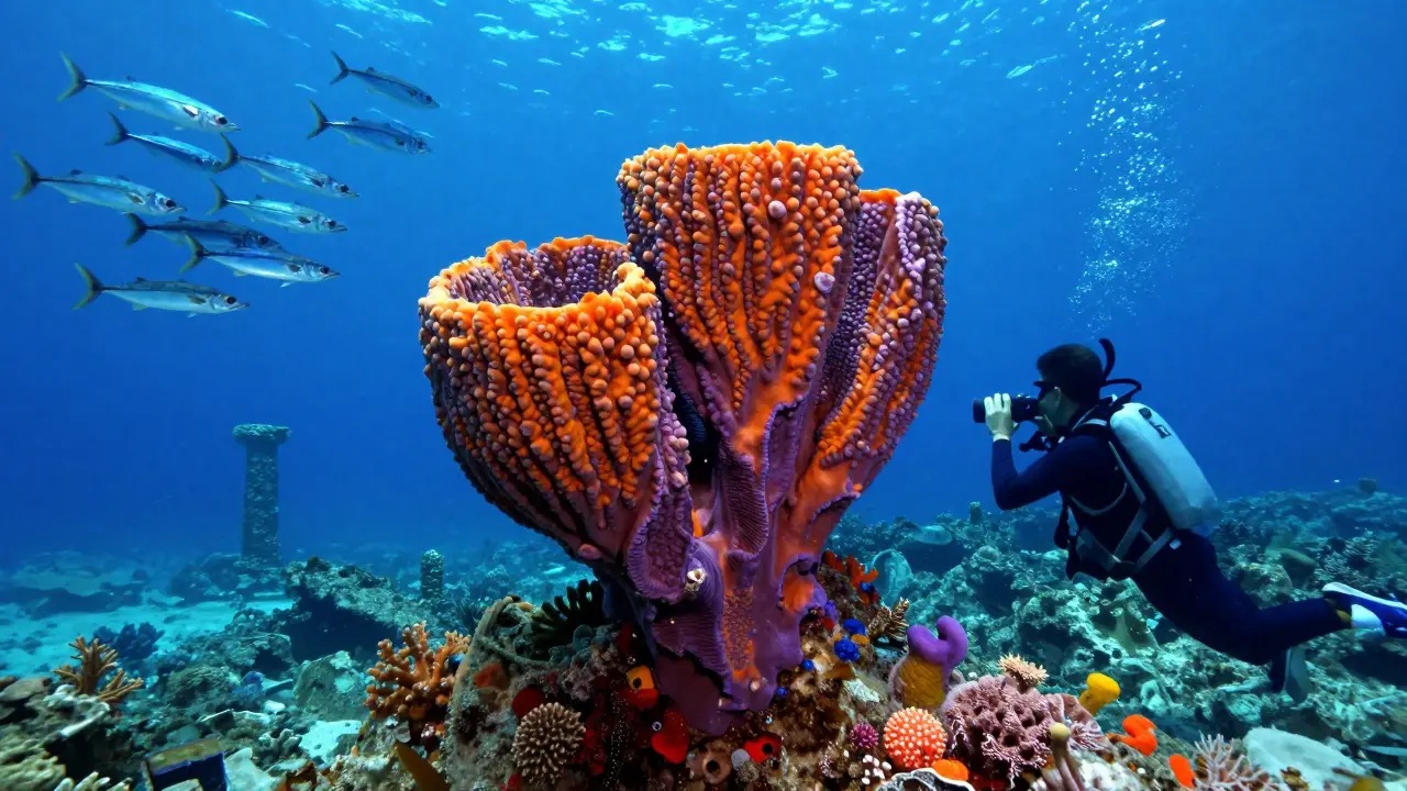 Potápěč fotografuje obrovskou mořskou houbu s živými barvami v zátoce Navarho, kolem ní se pohybují stáda makrely.