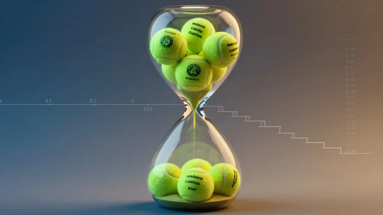 Průhledná písečná hodina s tenisovými míčky, symbolizující systém 52 týdnů bodů.