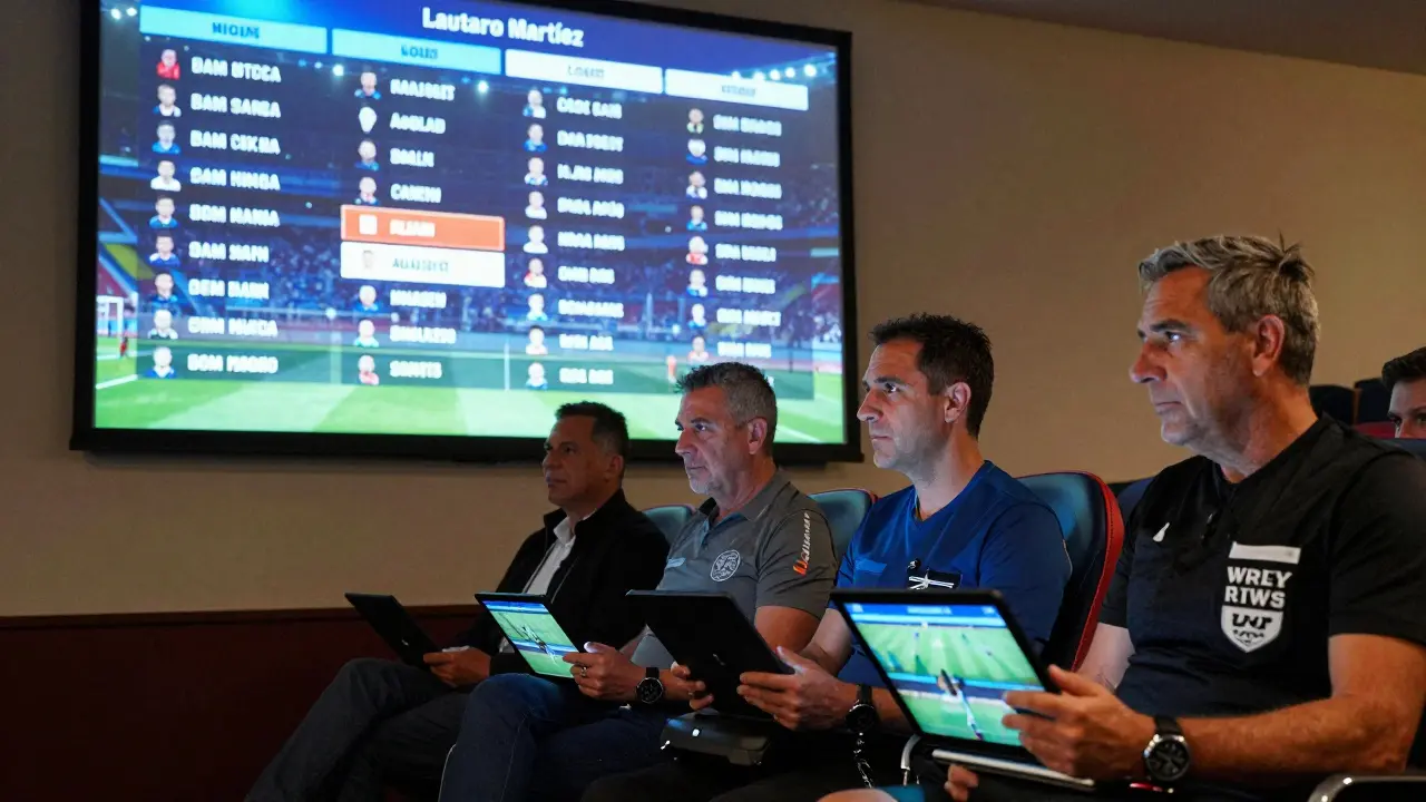 Tři bývalí hráči sledují zápas z tribuny pomocí tabletů a zaznamenávají fair play chování.