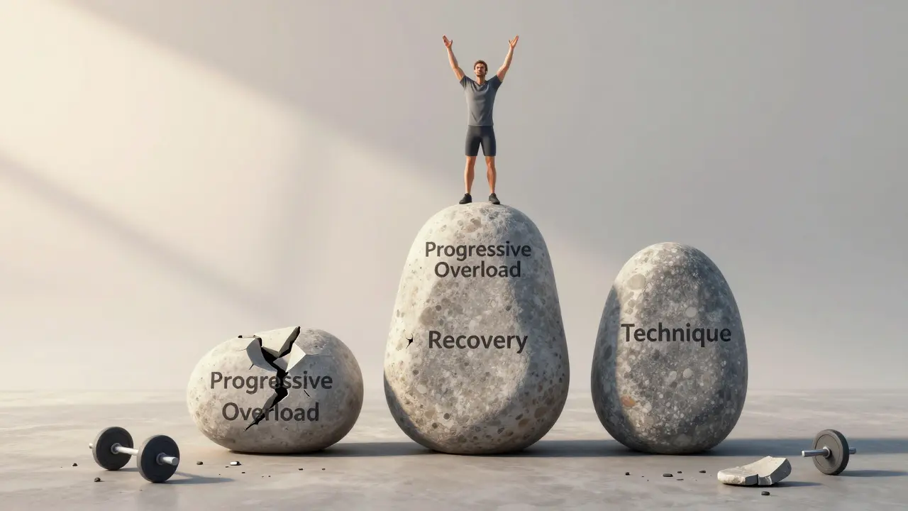 Tři kameny symbolizující klíčové faktory síly, člověk na vrcholu, základ pokrytý selháními.