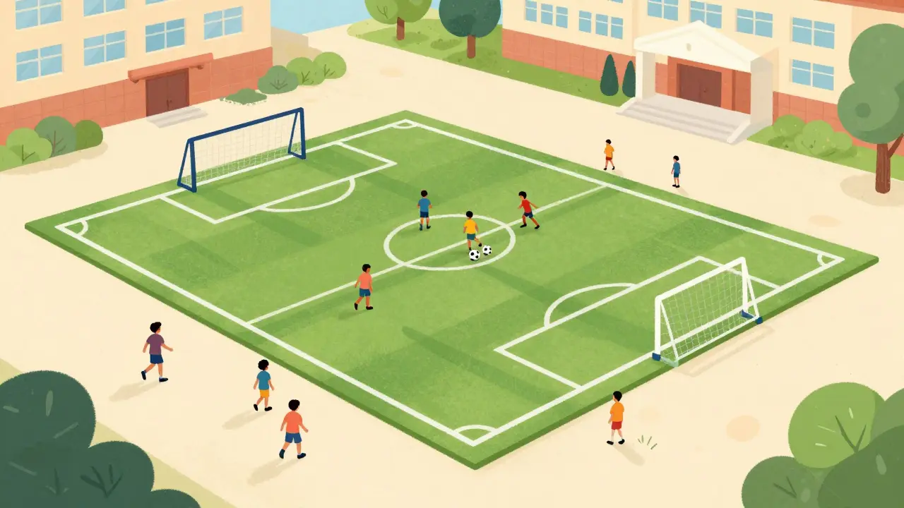 Dítě hraje fotbal na menším hřišti o rozměrech 45 × 28 metrů ve školním prostředí.