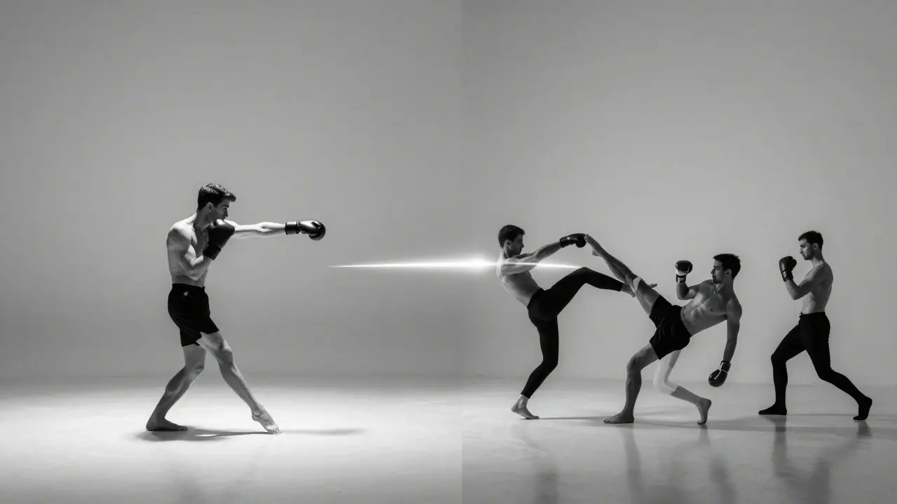 Dvě postavy: boxér jako tanečník a kickboxér jako tanečník s pohybem nohou.