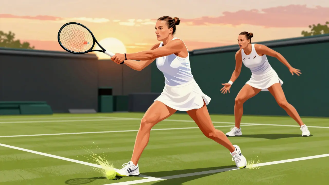 Iga Świątek zasílá silný forehand v finále Wimbledonu 2025 proti Aryne Sabalence, tráva letí z jejích bot.