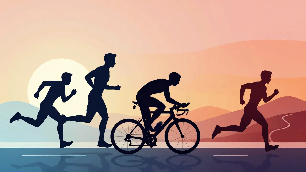 Ilustrace různých vzdáleností triatlonu se stylizovanými sportovci