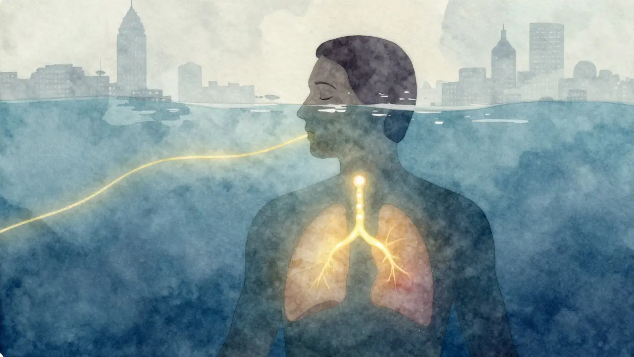 Koncepční obrázek dechu jako zlatého vlákna spojujícího tělo pod vodou s povrchem.