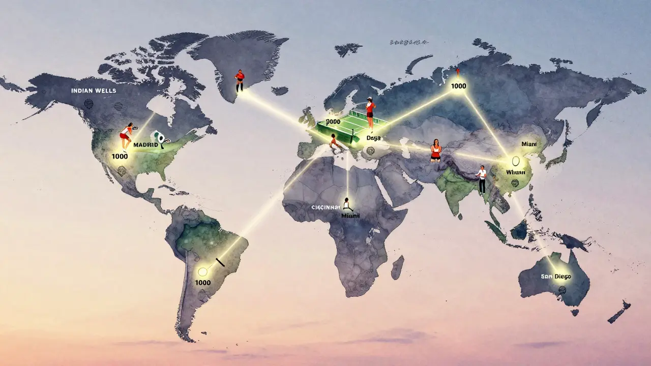 Mapa světa s vyznačenými městy, kde se hrají turnaje WTA 1000, a ikonami tenistek.