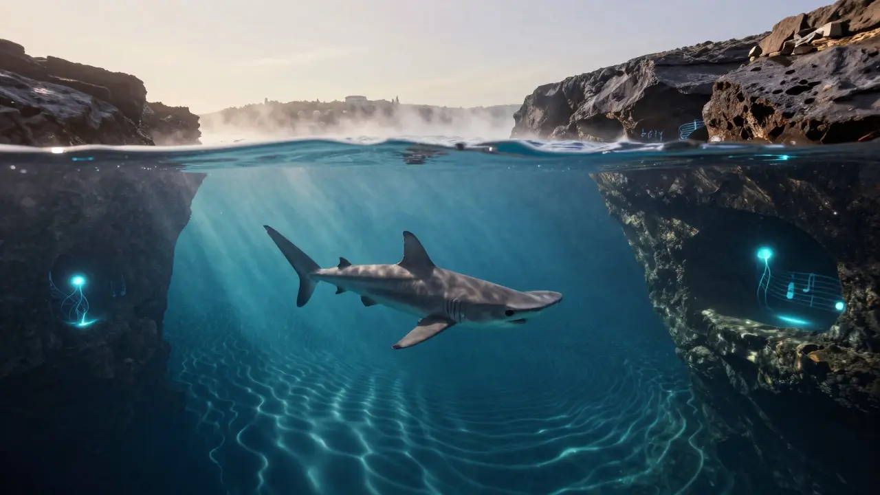 Na Patmosu proud vody proudí přes přírodní otvory ve skále, vytvářející hudební tóny, zatímco kladivovka plave v chladné vodě.