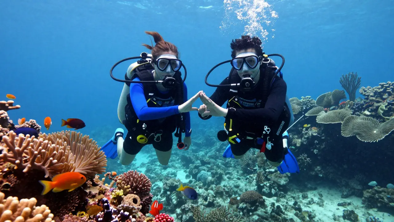 Partneři pod vodou kontrolují vybavení na útesu.