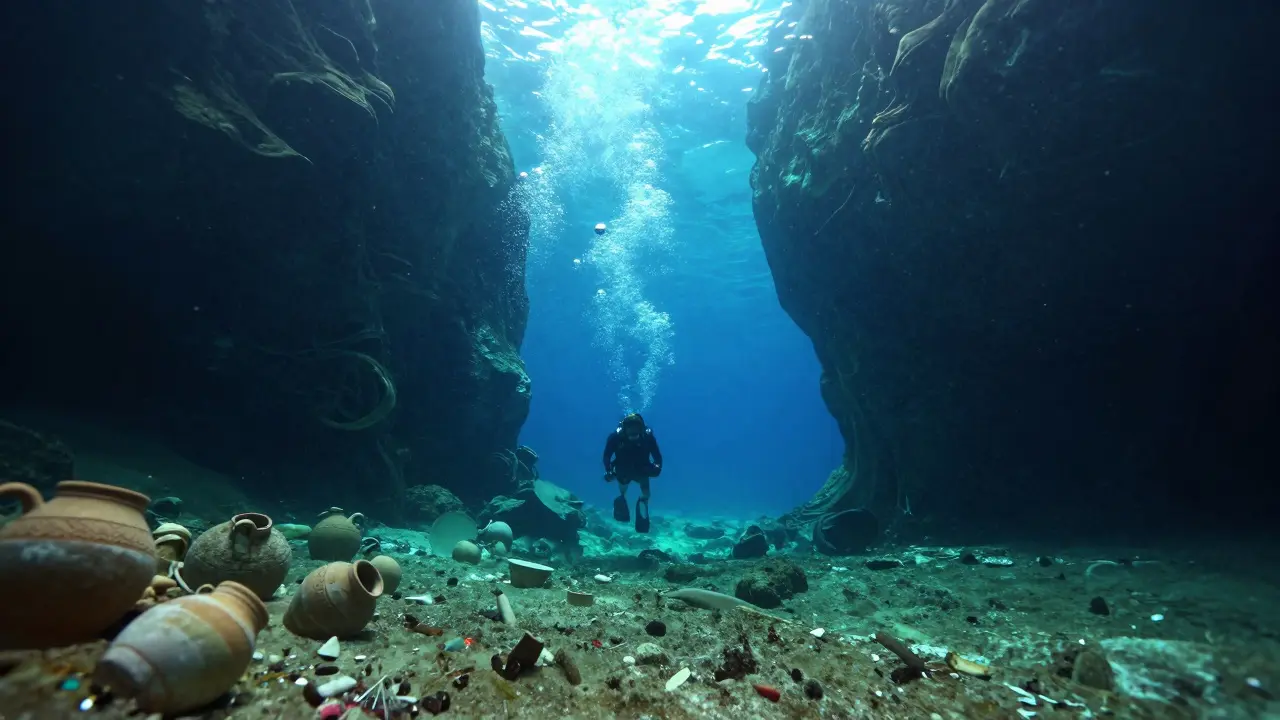 Potápěči plují v podvodní jeskyni mezi Paros a Antiparos, kde voda vytváří bubliny a zvuky, starověké keramické stopy leží na dně.