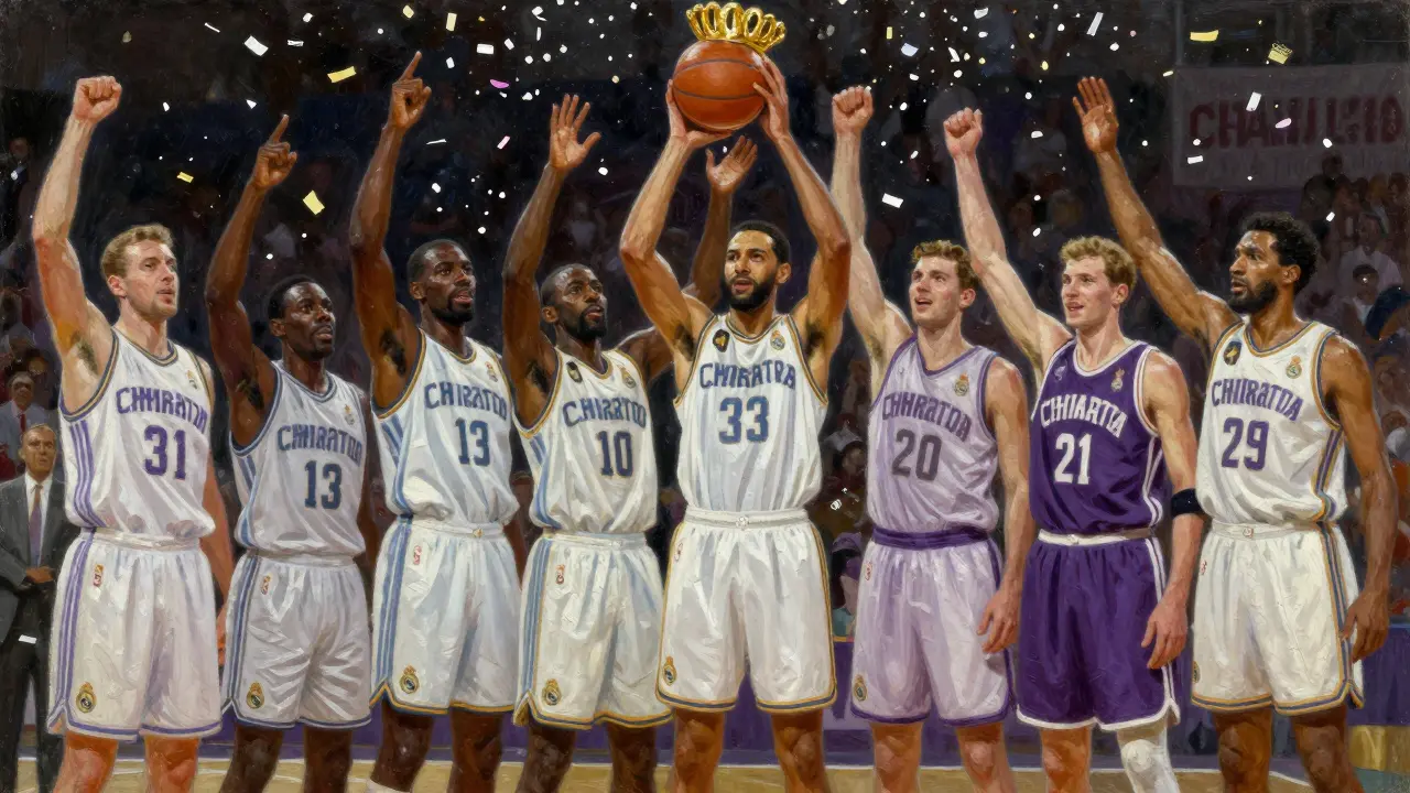 Real Madrid slaví desátý evropský titul basketbalu.