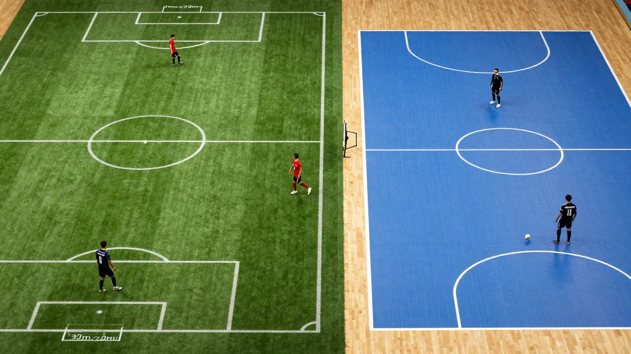 Srovnání velikosti fotbalového hřiště a futsalového kurta vedle sebe, zdůrazňující rozdíl v rozměrech.