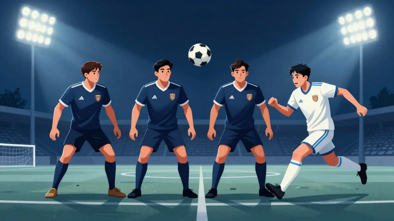 Taktika offside pasti: obránci kročí dopředu současně proti útočníkovi.