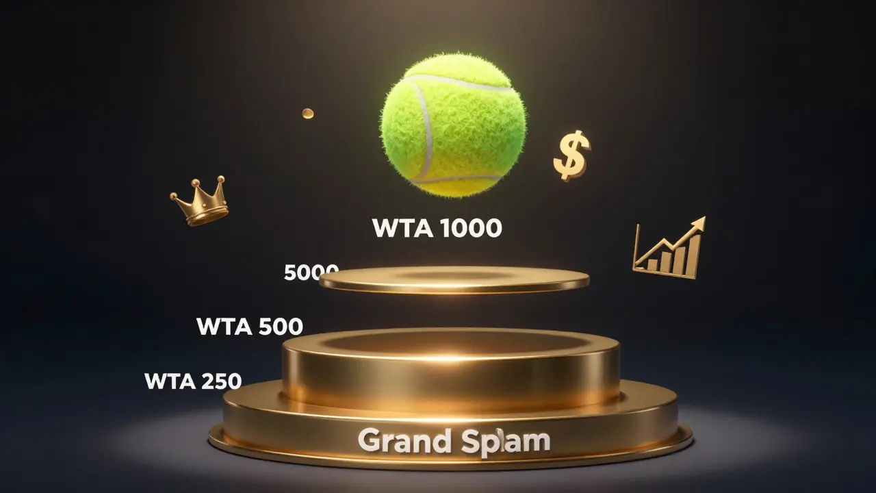 Tenisový míč stoupající přes kategorie turnajů k vrcholu WTA 1000 a Grand Slam.