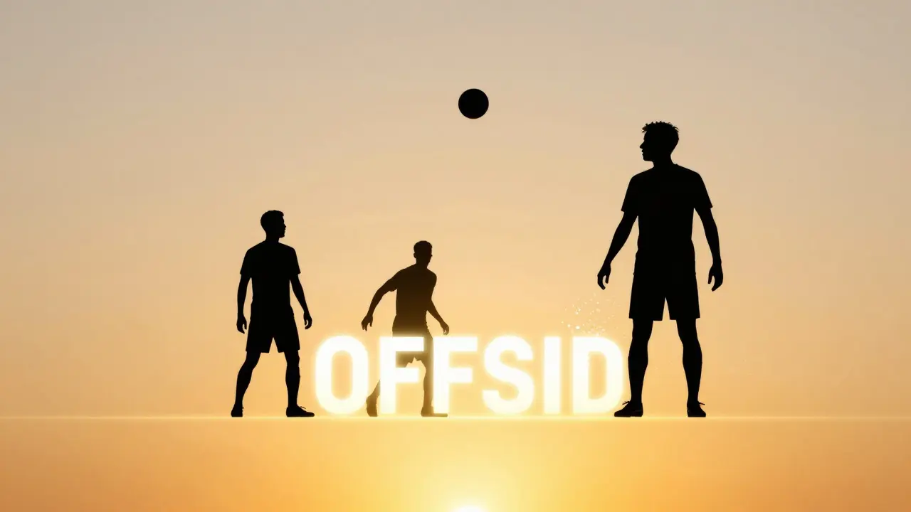 Tři hráči v siluetě s čárou označující offside, míč mezi nimi.