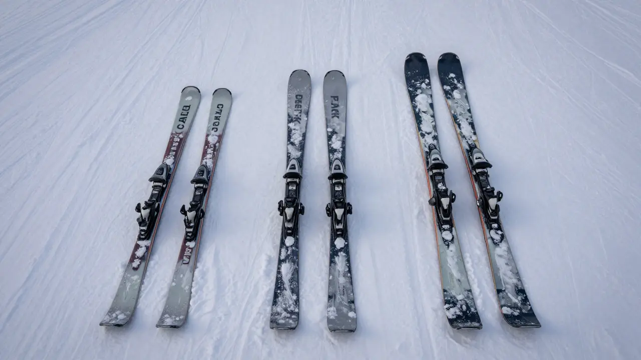 Tři typy lyží ležící ve sněhu: krátké, střední a dlouhé, pro různé styly jízdy.