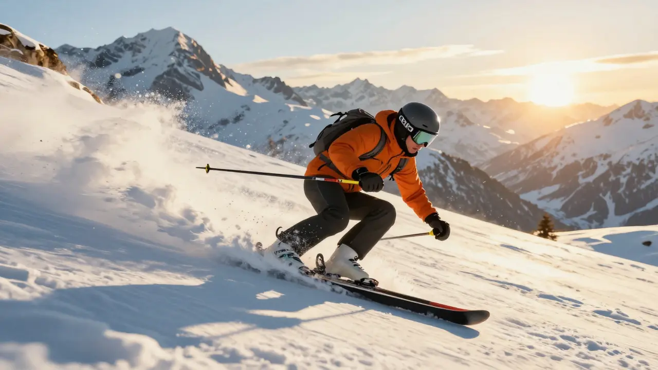 Zkušený lyžař v zatáčce na strmém svahu s lyžemi delšími než výška očí.