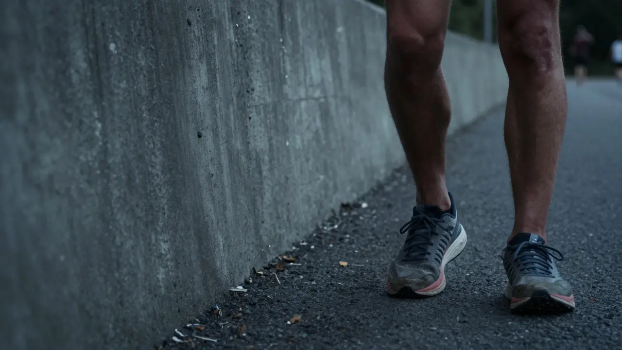 Detail běžeckých bot na cestě symbolizující vyčerpání a mentální boj během maratonu.