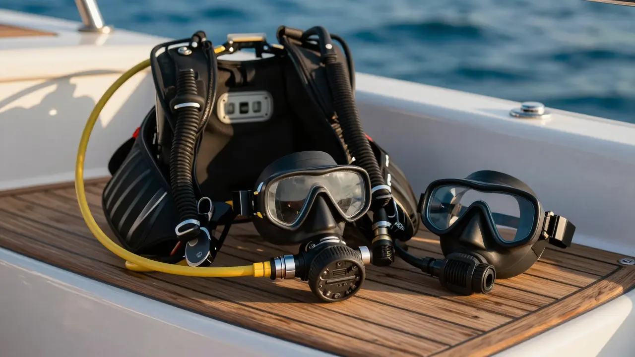 Detail potápěčského vybavení na palubě lodi.