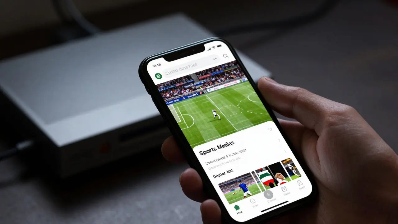 Detail ruky s chytrým telefonem přehrávajícím fotbalový stream v moderním stylu.