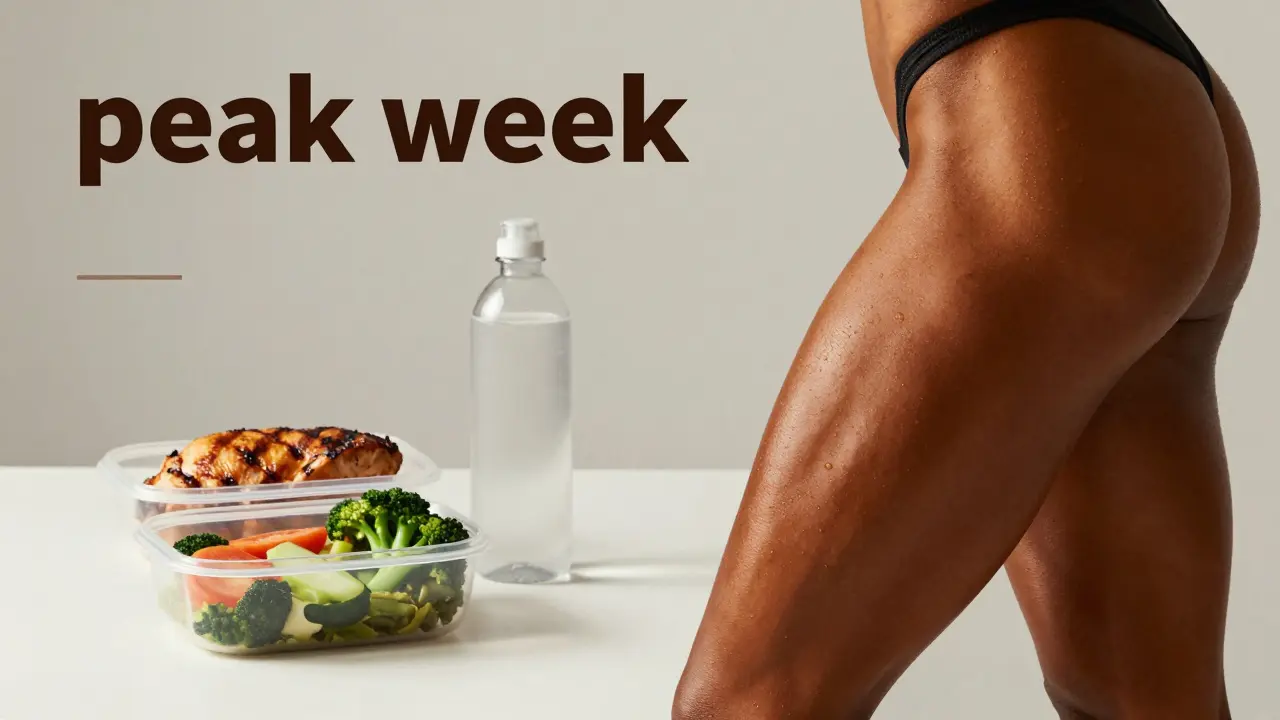 Detail svalnaté nohy s bronzováním a zdravou stravou pro přípravu na soutěž.