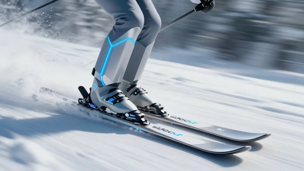 Detailní pohled na boční řez a ohýbání carvingové lyže při zatáčce.