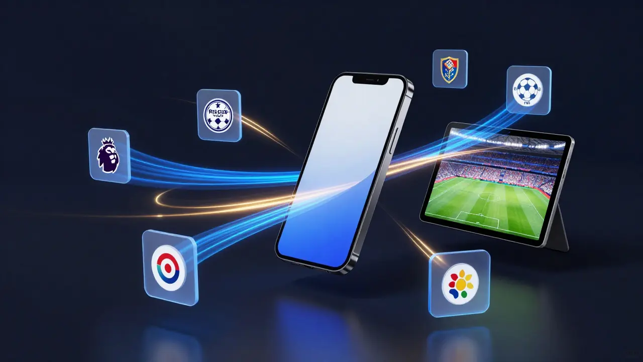 Digitální ilustrace mobilních aplikací a streamovacích služeb pro sledování fotbalu.