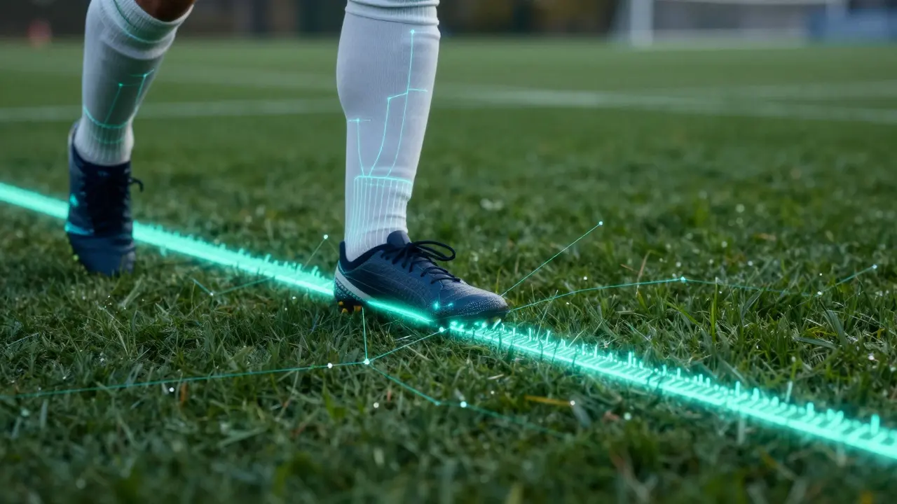 Digitální znázornění semi-automatického ofsajdu s neonovou linií u boty fotbalisty.