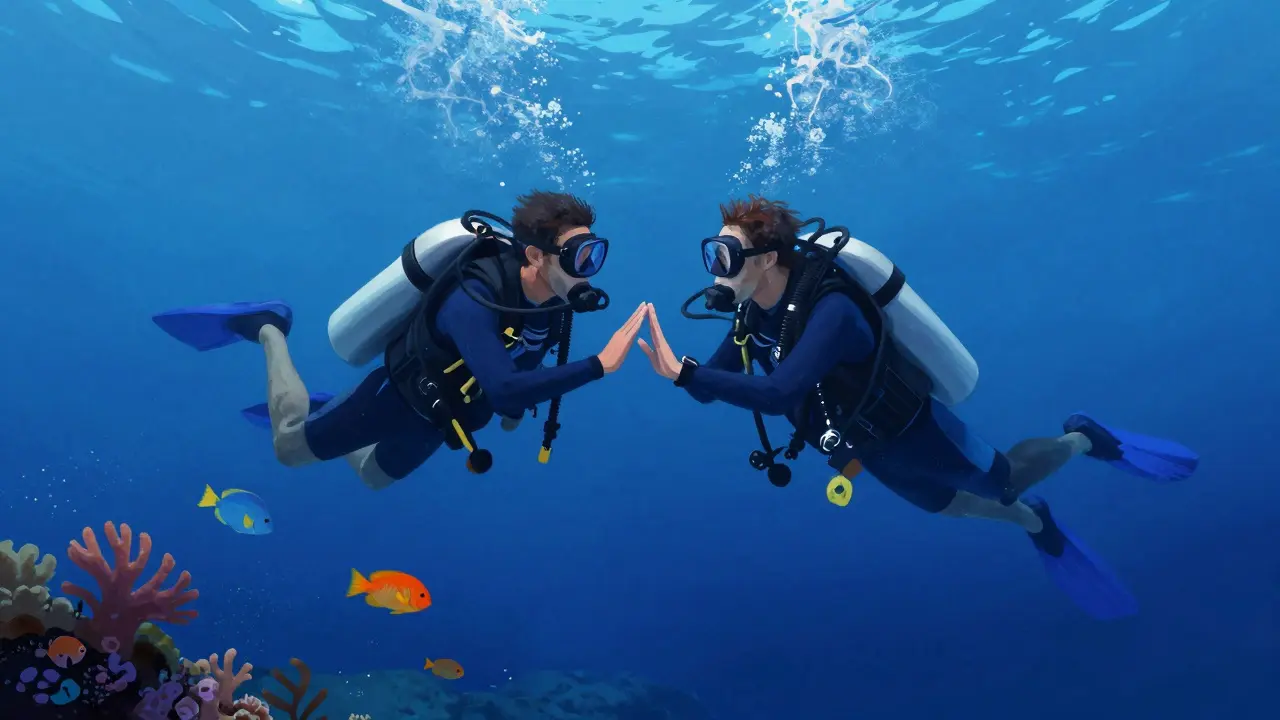 Dva potápěči spolupracující v hlubinách oceánu.