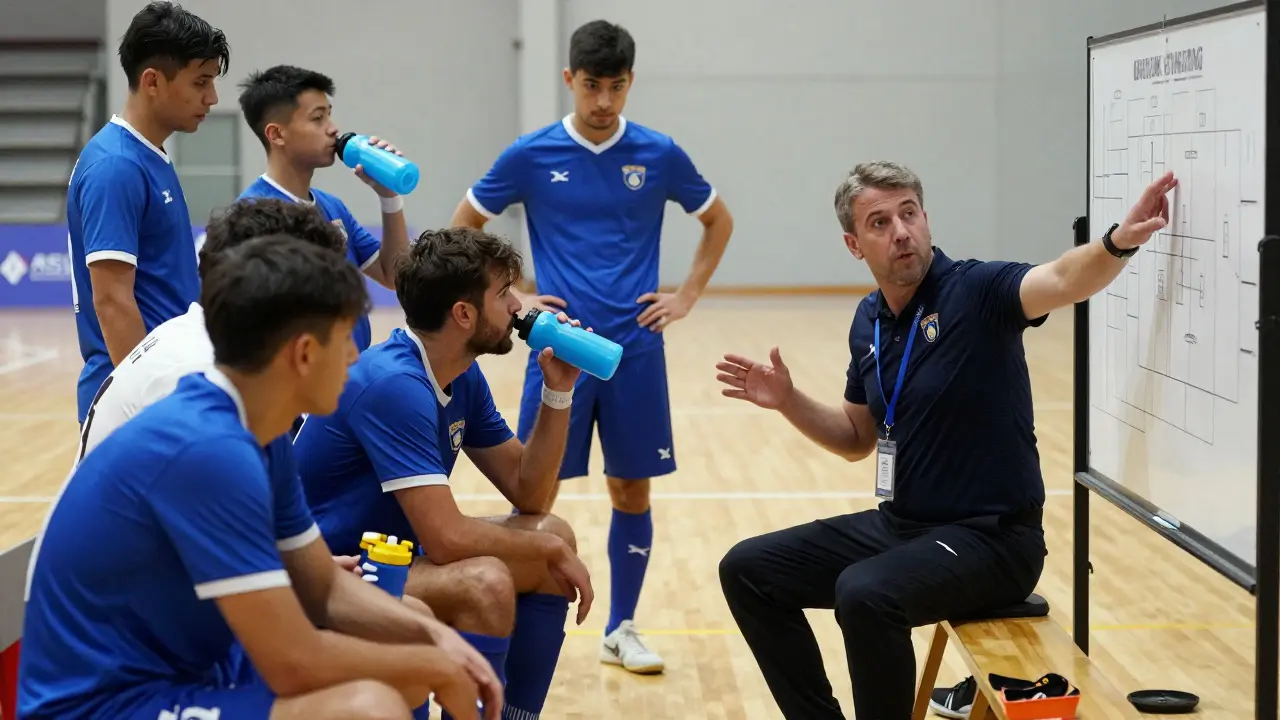 Futsalový tým s trenérem během přestávky v zápase u lavičky.