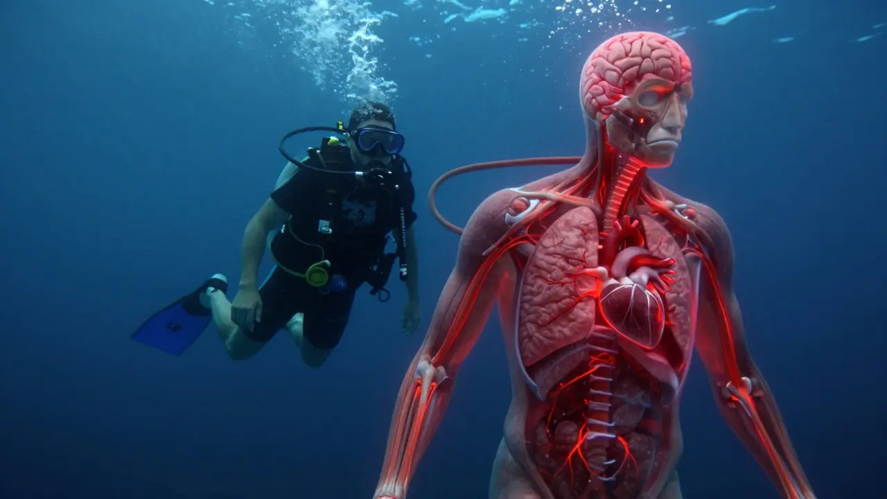 Konceptuální ilustrace reflexu potápěče znázornující stlačení plic a proudění krve do mozku.