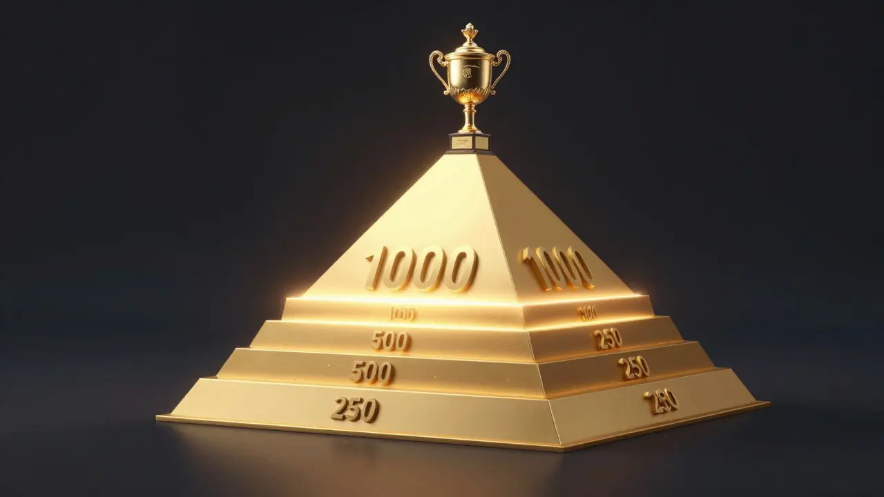 Konceptuální zlatá pyramida znázorňující hierarchii bodů v ženském tenisu.