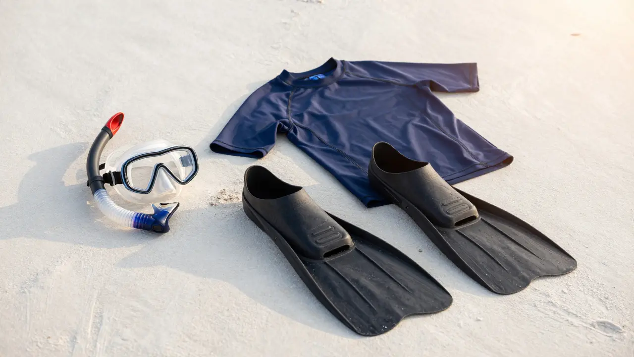 Kvalitní vybavení na šnorchlování včetně masky a ploutví na bílém písku.
