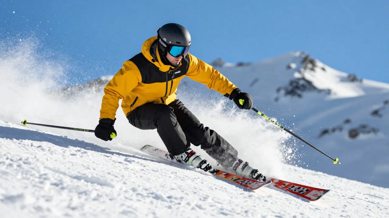 Lyžař v prudkém náklonu vyřezává carvingový oblouk na tvrdé pisti.