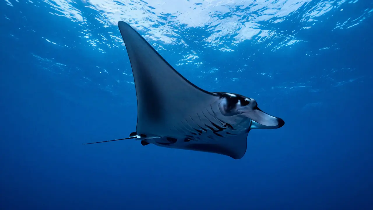 Obrovská manta rej plavoucí v hluboké modré vodě Malediv.