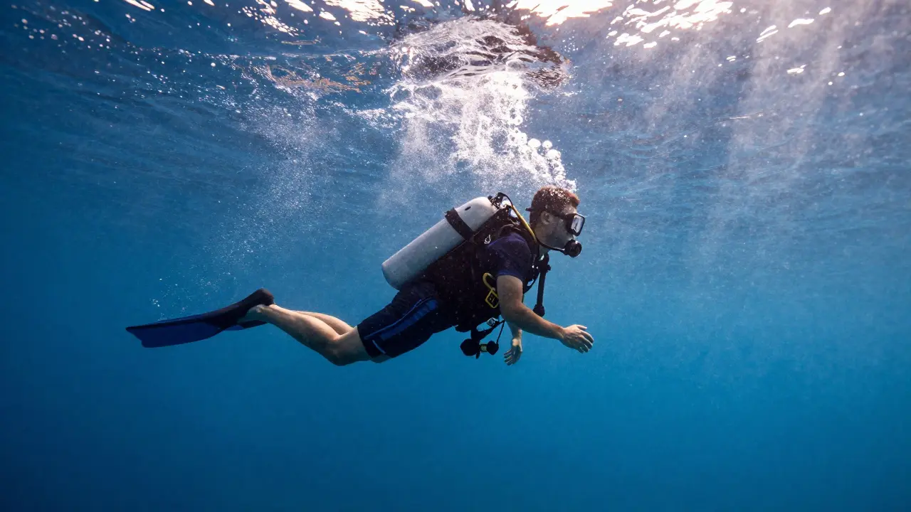 Potápěč při dekompresní zastávce v mělký vodě s drobnými bublinkami dusíku kolem sebe.
