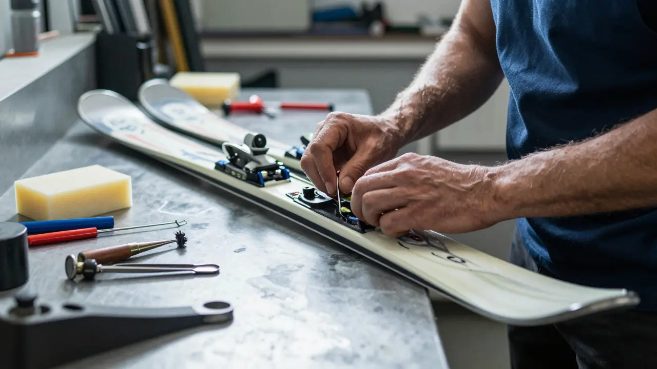 Profesionální servis lyží na pracovní stole s nářadím a voskem.