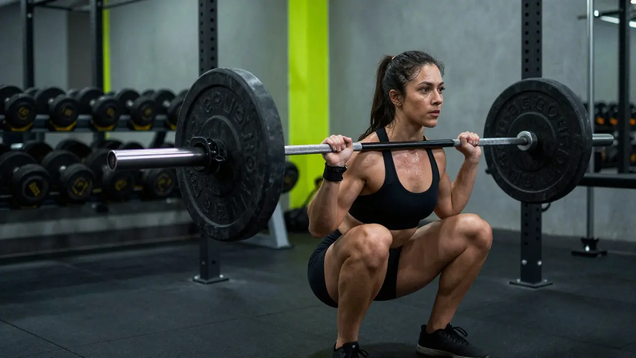 Sportovkyně při tréninku těžkých hýžďových mostů v posilovně.