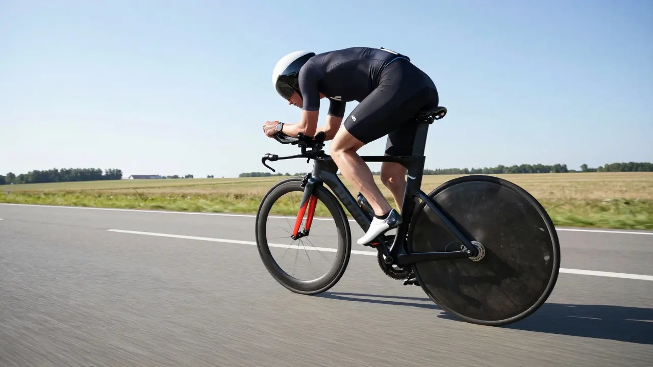 Triatlet v aerodynamické pozici jedoucí na časovém kole po rovině.