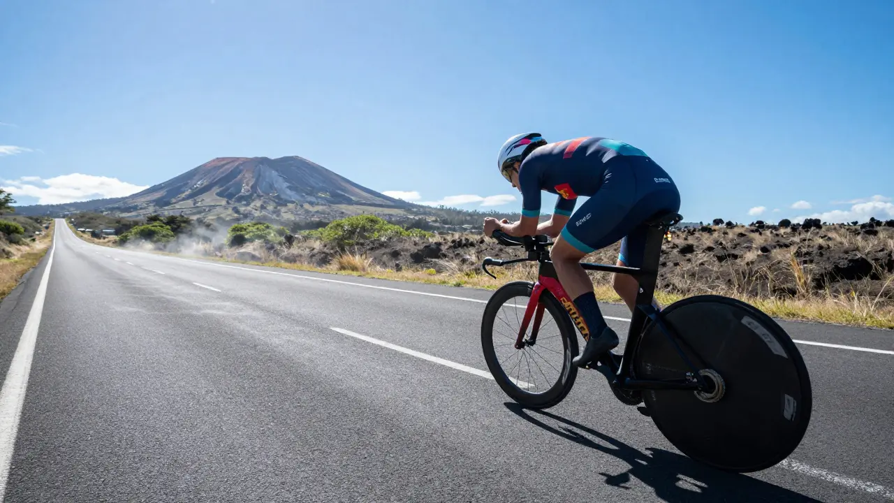Triatlonista na aerodynamickém kole jedoucí po slunné silnici s vulkanickou krajinou v pozadí.