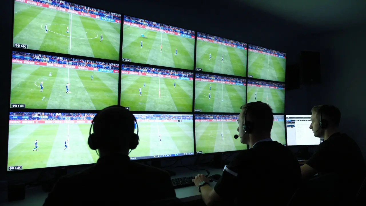 VAR operátoři v řídicím centru analyzují zápas na několika monitorích ve tmavé místnosti.