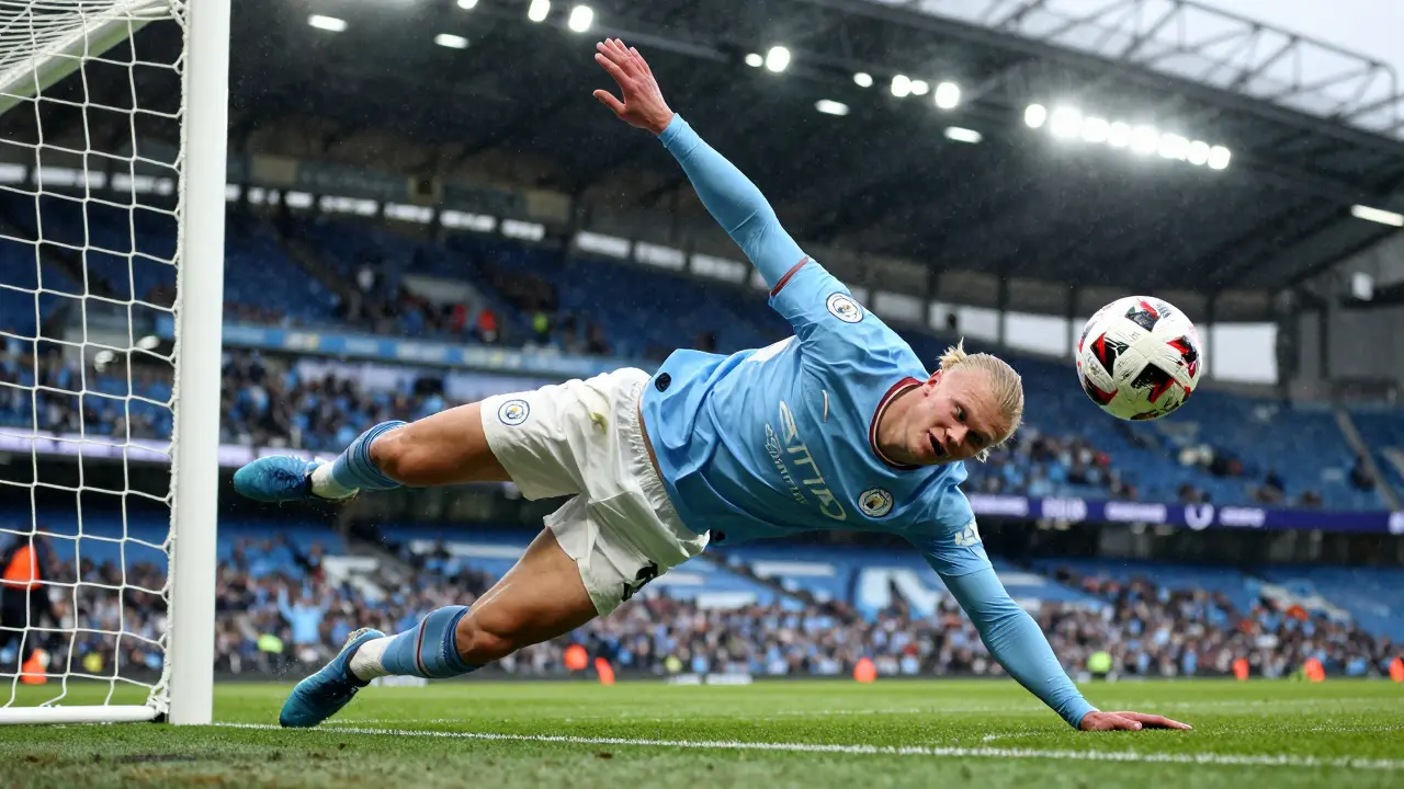 Erling Haaland hlavičkuje míč do brány za Manchester City při rekordní sezoně