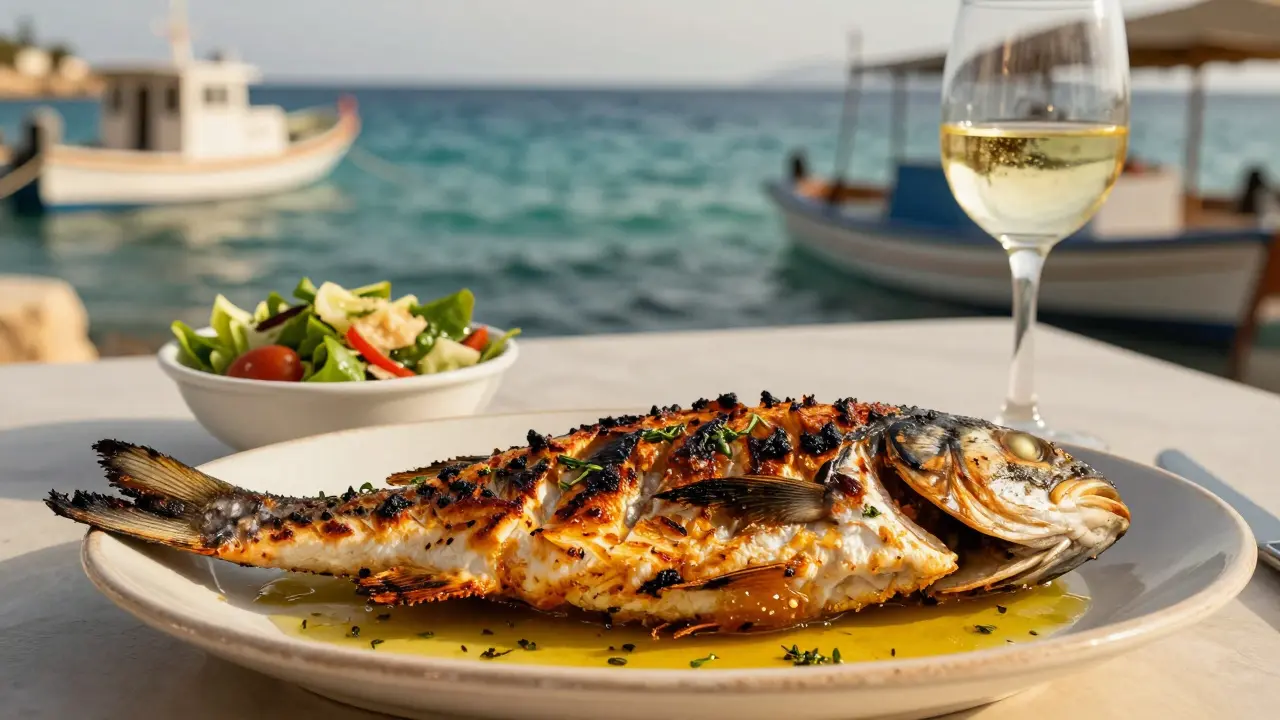 Grilovaná ryba Lokrida s vínem v pobřežní restauraci na Kypru