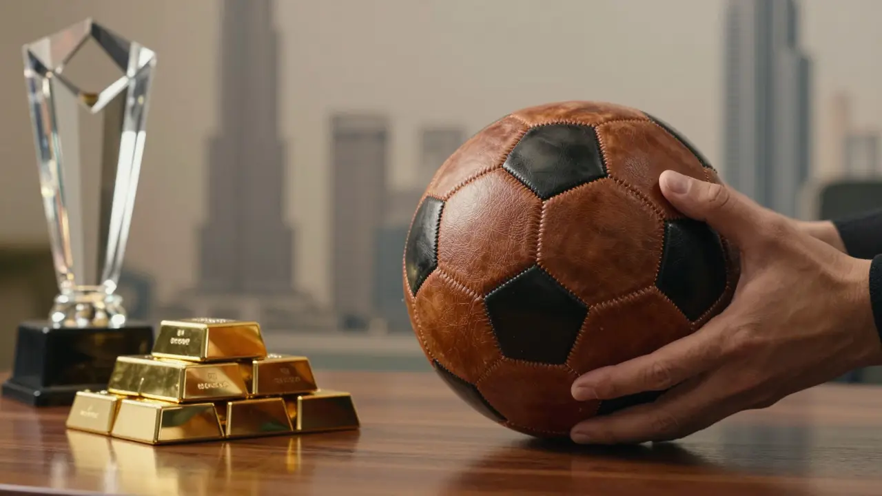 Míček s trofejemi a zlatem symbolizující bohatství