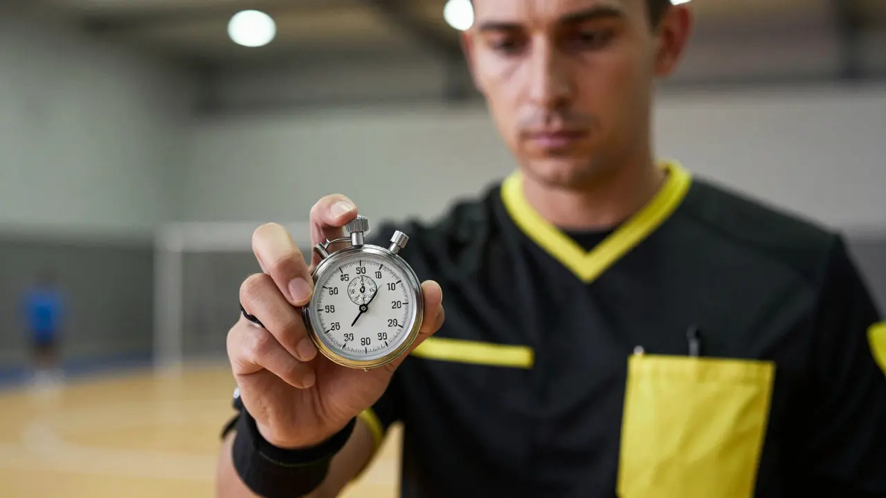 Rozhodčí drží stopky a kontroluje čistý herní čas ve futsalu