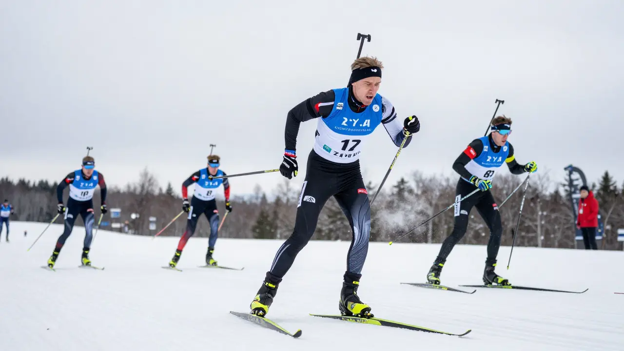 Sportovec běží trestné kolo bez lyží, zatímco ostatní jedou kolem na hlavní trase.