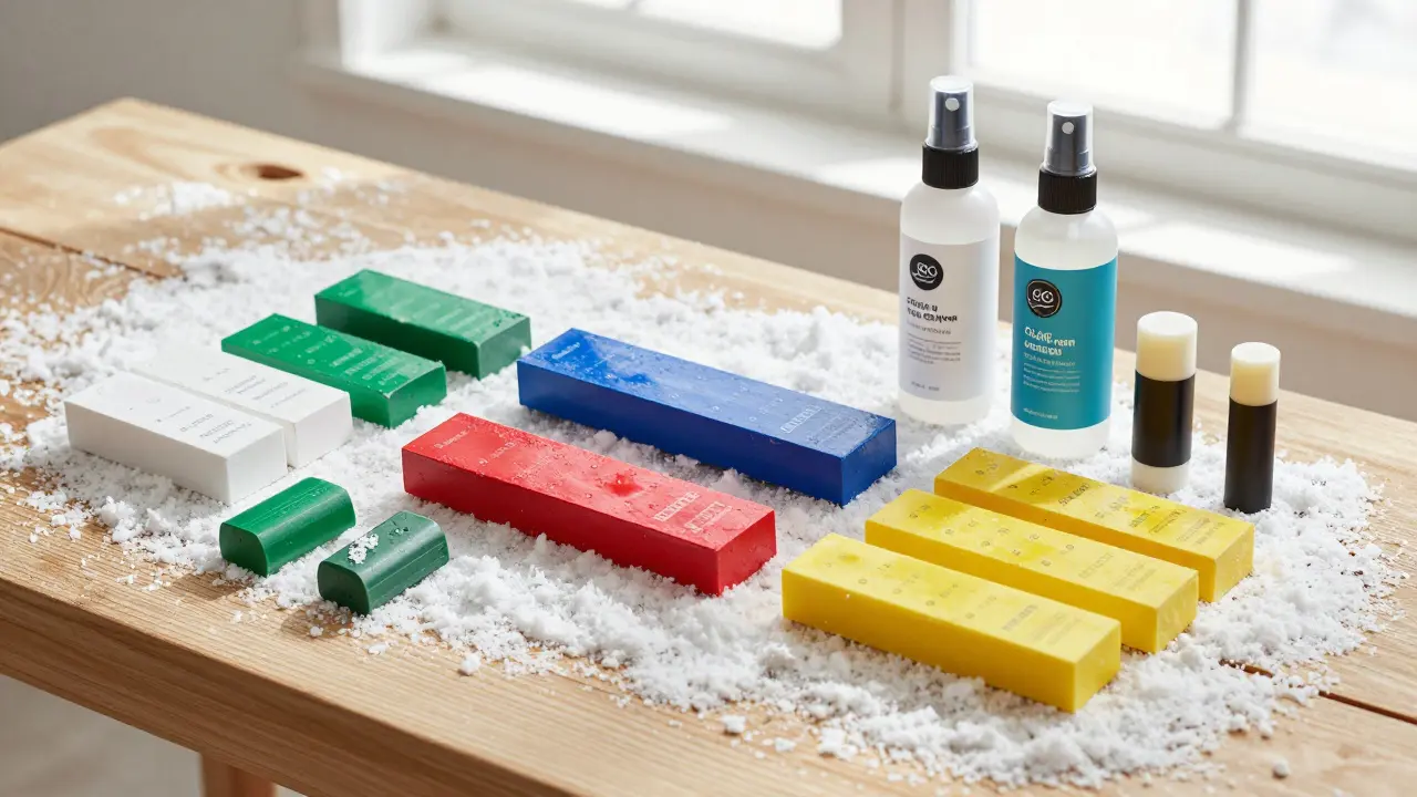 Color-coded blocks of ski wax arranged on snow
