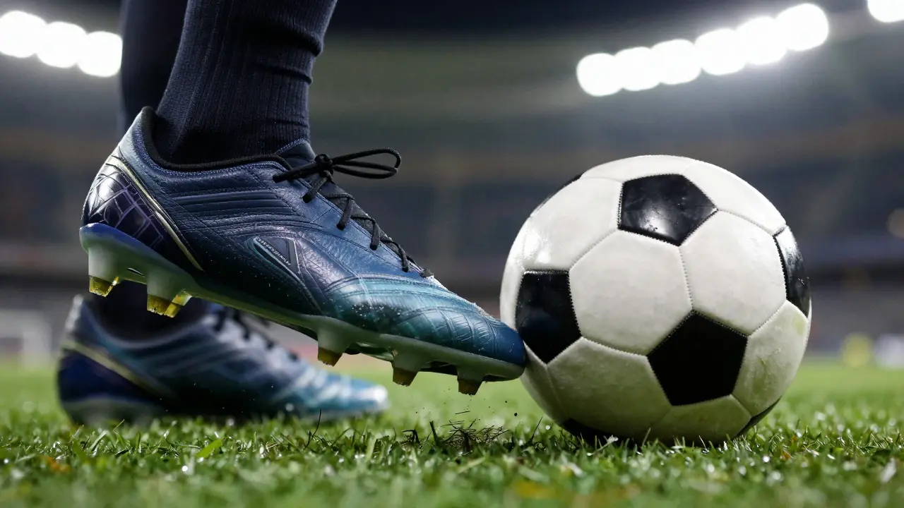 Záběr nohy při kontaktu s míčem při kopu penalty z úrovně země