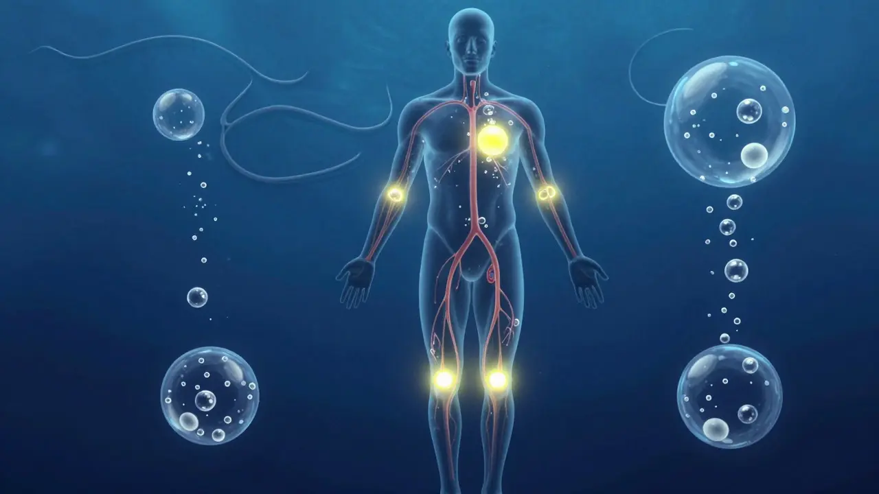 Anatomická ilustrace dusíkových bublin v kloubech při dekompresní nemoci